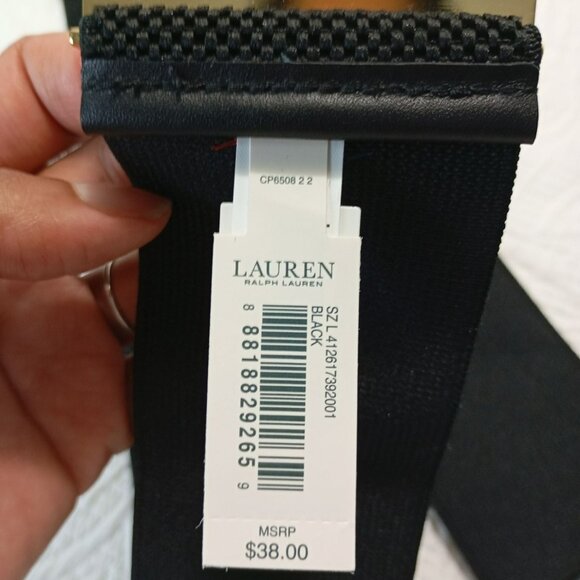 Lauren Ralph Lauren Belt Black Stretch Waist Gold Bar Closure Wide Elastic Sz L - Picture 8 of 8